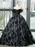 Black Tulle Long Prom Dress, A-Line Off the Shoulder Evening Party Dress HZ0429