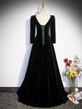 Black Velvet Long Prom Dress, Elegant Long Sleeve A-line Evening Party Dress HZ0429