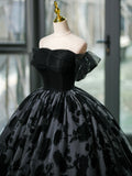 Black Tulle Long Prom Dress, A-Line Off the Shoulder Evening Party Dress HZ0429