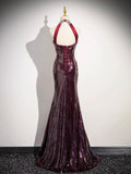Burgundy Sequins Long Prom Dress, Mermaid Backless Evening Formal Dress HZ0429