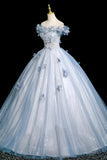 Blue Tulle Flowers Long Prom Dress, Beautiful A-Line Evening Party Dress HZ0429