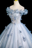 Blue Tulle Flowers Long Prom Dress, Beautiful A-Line Evening Party Dress HZ0429