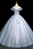 Blue Tulle Flowers Long Prom Dress, Beautiful A-Line Evening Party Dress HZ0429