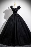 Black Satin Tulle Long Prom Dress, Black A-line Party Dress HZ0429