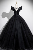 Black Satin Tulle Long Prom Dress, Black A-line Party Dress HZ0429