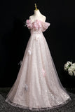 Pink Tulle Sequins Long Prom Dress, Pink Off the Shoulder Party Dress HZ0429