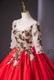 Elegant Red Satin Embroidered Lace Formal Dress, A-Line Scoop Neckline Party Dress HZ0429