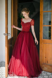 Burgundy Scoop Neckline Tulle Long Prom Dress, A-Line Evening Dress with Beading HZ0429