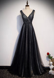 Black V-Neck Tulle Long Prom Dresses, A-Line Evening Dresses HZ0429