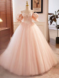 Pink Sweetheart Neck Corset Tulle Prom Dress, A-Line Off the Shoulder Sweet 16 Dress HZ0429