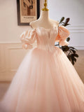 Pink Sweetheart Neck Corset Tulle Prom Dress, A-Line Off the Shoulder Sweet 16 Dress HZ0429