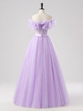 Purple Tulle Floor Length Prom Dress, Beautiful Off the Shoulder Party Dress HZ0429