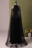 Black Tulle Beads Long Prom dress, Black Halter Evening Dress with Cape HZ0429