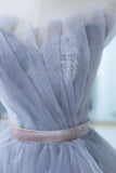 Blue Tulle Lace Long Prom Dress, A-Line Strapless Evening Gown HZ0429