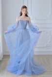 Blue Tulle Long Sleeve Prom Dress, A-Line Off the Shoulder Evening Dress HZ0429