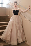 Black and Champagne Sweetheart Tulle Long Party Dress, Lovely A-Line Evening Dress HZ0429