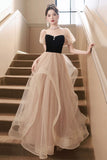 Black and Champagne Sweetheart Tulle Long Party Dress, Lovely A-Line Evening Dress HZ0429