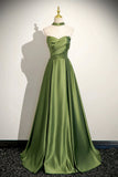 Green Satin Long Prom Dress, Beautiful A-Line Strapless Evening Party Dress HZ0429