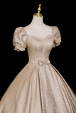 Champagne A-Line Satin Floor Length Prom Dress, Elegant Short Sleeve Evening Party Dress HZ0429