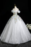 White Floral Long Party Dress, Lovely A-Line Off the Shoulder Evening Prom Dress HZ0429