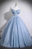 Blue Satin Long Prom Dress with Corset, Off the Shoulder A-Line Evening Party Dress HZ0429
