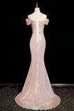 Sparkly Pink Sequined Mermaid Formal Dress Off Shoulder Side Slit HZ0429
