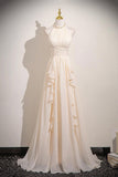 Champagne Chiffon Long Prom Dress, Elegant Halter A-line Evening Party Dress HZ0429