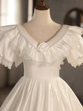 White V-Neck Satin Long Prom Dress, Lace Wedding Dress HZ0429