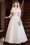 A-Line Tulle Lace Long Prom Dress, White Off the Shoulder Evening Party Dress HZ0429