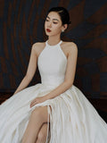 Elegant Halter Satin Long Prom Dress, A-Line Satin Evening Party Dress HZ0429