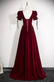 Burgundy Velvet Square Neck Evening Gown, Elegant Formal Dress with Crystal HZ0429