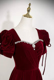 Burgundy Velvet Square Neck Evening Gown, Elegant Formal Dress with Crystal HZ0429