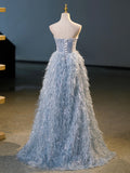 Blue A-Line Strapless Floor Length Prom Dress, Blue Evening Party Dress HZ0429