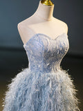 Blue A-Line Strapless Floor Length Prom Dress, Blue Evening Party Dress HZ0429