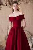 Burgundy Satin Long Prom Dress, Lovely A-Line Off the Shoulder Evening Party Dress HZ0429