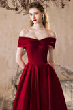 Burgundy Satin Long Prom Dress, Lovely A-Line Off the Shoulder Evening Party Dress HZ0429