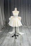 Ivory Strapless Mini Party Dress with Oversized Bow and Detachable Train HZ0429