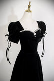 Black Velvet Square Neck Evening Gown, Elegant Formal Dress with Crystal HZ0429
