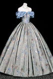 Elegant Blue Floral Jacquard Corset Gown, Sweetheart Neck Puffy Sleeve Formal Dress for Party Prom HZ0429