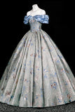 Elegant Blue Floral Jacquard Corset Gown, Sweetheart Neck Puffy Sleeve Formal Dress for Party Prom HZ0429