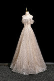 Champagne Tulle Sequins Long Prom Dress, Shiny A-Line Party Dress HZ0429