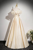 Champagne Satin Flowers Long Prom Dress, Off the Shoulder A-Line Party Dress HZ0429