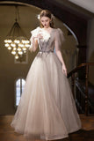 Champagne Glitter Tulle Ball Gown V-neck Sheer Sleeve Formal Evening Dress HZ0429