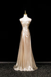 Champagne Sweep Train Floor Length Prom Dress, Champagne Mermaid Strapless Evening Party Dress HZ0429