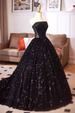Black Sequins Long Prom Dress, Black A-Line Strapless Evening Party Dress HZ0429