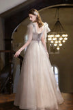 Champagne Glitter Tulle Ball Gown V-neck Sheer Sleeve Formal Evening Dress HZ0429
