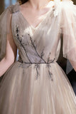 Champagne Glitter Tulle Ball Gown V-neck Sheer Sleeve Formal Evening Dress HZ0429