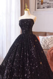 Black Sequins Long Prom Dress, Black A-Line Strapless Evening Party Dress HZ0429