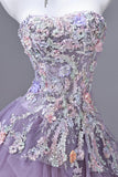 Purple Floral Embellished Tulle Prom Gown with Sheer Overlay | Strapless Formal Evening Dress HZ0429