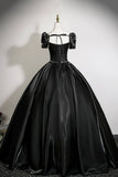 Black Satin Ball Gown with Puff Sleeves Square Neck Formal Evening Dress for Prom HZ0429
